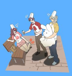  1girl 2boys adjusting_clothes adjusting_shoe animal_ear_hairband animal_ears bag black_shoes blonde_hair blue_background breasts brown_bag brown_pants brown_shoes closed_eyes commentary_request cup disposable_cup fake_animal_ears from_side grey_pants hair_over_one_eye hairband handbag highres holding holding_cup holding_stuffed_toy long_hair looking_at_another medium_breasts medium_hair mole mole_under_eye multiple_boys on_bench original pants parted_lips pink_shirt pink_skirt rabbit_ear_hairband rabbit_ears red_hair red_shirt shadow shirt shoes short_hair short_sleeves simple_background sitting sketch skirt standing stuffed_animal stuffed_rabbit stuffed_toy sweat t-shirt thai_commentary unholymilk white_hairband white_shoes yellow_shirt 