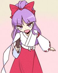  1girl bow bright_pupils commentary detached_sleeves english_commentary eosd2002 furrowed_brow gohei gradient_background hair_bow hair_tubes hakama hakama_pants hakurei_reimu hakurei_reimu_(pc-98) holding holding_gohei japanese_clothes kimono long_hair long_sleeves looking_at_viewer miko nontraditional_miko open_mouth pants pointing pointing_at_viewer purple_hair red_bow red_hakama ribbon-trimmed_clothes ribbon-trimmed_sleeves ribbon_trim skirt solo touhou touhou_(pc-98) violet_eyes white_pupils wide_sleeves 