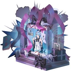  1girl \||/ against_glass android apron artist_request barcode black_bow black_dress black_gloves blue_eyes blue_hair bow box cat dress electricity equation frilled_apron frills glasses gloves hand_on_glass in_box in_container kneeling labyrinth_(path_to_nowhere) lightning_bolt_symbol maid name_tag name_tag_hair_ornament official_art path_to_nowhere power_symbol purple_ribbon ribbon sign warning_sign white_bow white_cat 