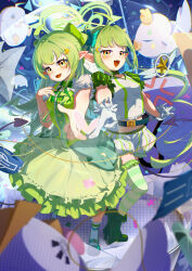  2girls absurdres ahoge anger_vein blue_archive blurry blurry_foreground blush boots bow breasts commentary_request demon_tail dengwy23 dress fang frilled_dress frills gloves green_boots green_bow green_dress green_hair green_shoes green_thighhighs hair_ornament halo heart highres hikari_(blue_archive) long_hair looking_at_viewer mary_janes multiple_girls nozomi_(blue_archive) open_mouth orange_eyes pointing pointing_at_viewer pointy_ears puffy_short_sleeves puffy_sleeves shirt shoes short_sleeves shorts siblings sidelocks sisters skin_fang small_breasts socks standing star_(symbol) star_hair_ornament tail thigh-highs twins twintails very_long_hair white_gloves white_shirt white_shorts white_socks 