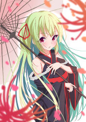  1girl absurdres armpit_crease bare_shoulders black_kimono blunt_ends blurry blush breasts collarbone commentary criss-cross_halter depth_of_field eyelashes flower green_hair hair_between_eyes hair_ribbon halterneck hands_up he_shan123 highres holding holding_umbrella japanese_clothes kimono long_hair long_sleeves looking_at_viewer murasame_(senren) oil-paper_umbrella open_mouth pom_pom_(clothes) red_eyes red_flower red_ribbon red_sash ribbon sash senren_banka sidelocks simple_background small_breasts solo spider_lily straight_hair two_side_up umbrella very_long_hair white_background wide_sleeves 