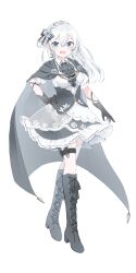  1girl absurdres ammunition ascot black_ascot black_boots black_bow black_cape black_corset black_gloves blue_eyes boots bow braid breasts bullet cape center_frills collared_dress commentary_request corset crescent crescent_earrings crown_braid double-parted_bangs dress earrings fang floating_hair floral_print flower frilled_dress frills full_body gloves hair_between_eyes hair_bow hair_flower hair_ornament hair_rings hand_on_own_hip highres jewelry knee_boots konkave_linse kurotsuki_shiro lace-up_boots long_hair looking_at_viewer medium_breasts open_mouth puffy_short_sleeves puffy_sleeves rose short_dress short_sleeves single_hair_ring skin_fang solo thigh_strap transparent_background v-iii virtual_youtuber walking white_dress white_flower white_hair white_rose 