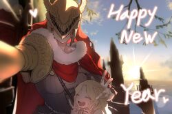  1boy 1girl breasts brother_and_sister charles_(gu599) closed_eyes closed_mouth commentary_request double_v elden_ring happy_new_year heart helmet in-universe_location korean_commentary long_hair malenia_blade_of_miquella miquella_(elden_ring) outdoors prosthesis prosthetic_arm red_hair scar selfie siblings smile sun trap v visor_(armor) wavy_hair winged_helmet 