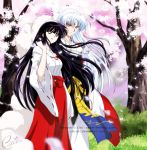  1girl black_hair cati forest hakama hexagon inuyasha japanese_clothes kikyou_(inuyasha) long_hair miko nature petals sesshoumaru silver_hair tree watermark 