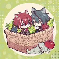  2boys :< ahoge animal_ears apple arknights basket bellone_(arknights) black_gloves black_hair chibi closed_mouth ear_piercing food fruit fur_trim gloves grapes green_background green_eyes grey_hair hair_between_eyes holding holding_basket kurloves looking_at_another male_focus multicolored_hair multiple_boys piercing red_hair smile streaked_hair vigil_(arknights) violet_eyes white_hair wolf wolf_boy wolf_ears 