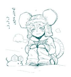  1girl blush breath closed_eyes coat commentary_request daitai_konna_kanji facing_ahead facing_viewer gloves hands_on_own_legs knees_up legs_together long_sleeves lowres monochrome mouse_(animal) mouse_girl mouse_tail nazrin pants parted_lips simple_background sitting sketch smile snow_animal solo tail touhou translation_request white_background winter_clothes 