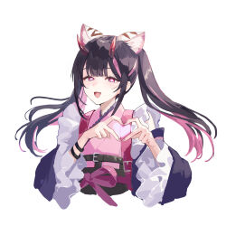  1boy :d absurdres animal_ear_fluff animal_ears black_hair cho_kaguya-hime! commentary_request crossdressing crossdressing_(mtf) detached_sleeves frilled_sleeves frills hands_up heart heart_hands highres horns japanese_clothes kimono komazawa_noi long_hair long_sleeves looking_at_viewer male_focus marumai multicolored_hair multicolored_horns open_mouth pink_eyes pink_horns pink_kimono pink_streaks simple_background smile solo streaked_hair tiger_ears trap twintails upper_body white_background wide_sleeves 