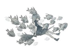  1girl bare_legs boots broom broom_riding closed_mouth commentary_request dress fish floating frilled_dress frills from_side greyscale high_heel_boots high_heels highres medium_hair monochrome ogura_mao original school_of_fish simple_background sleeveless sleeveless_dress solo traditional_media white_background 