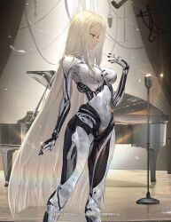  1girl android breasts company_name copyright_notice enya_(stellar_blade) expressionless grand_piano highres instrument kuren_kren large_breasts long_hair mechanical_arms mechanical_hands mechanical_legs microphone microphone_stand nivel_arena official_art piano solo stellar_blade very_long_hair white_hair 