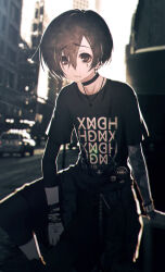  1boy arm_between_legs arm_support arm_tattoo asymmetrical_sleeves backlighting black_choker black_eyes black_hair black_pants black_shirt bloom blurry blurry_background building car choker clothes_writing cross cross_necklace day ear_piercing emo_fashion feet_out_of_frame flower_tattoo furrowed_brow glint greek_cross hair_between_eyes hand_tattoo highres jewelry layered_sleeves looking_at_viewer male_focus motor_vehicle multiple_wristbands necklace on_railing original outdoors pants parted_lips photo_background piercing pin print_shirt railing rejoys sanpaku shirt short_sleeves side_labret_piercing sidelocks sitting solo tattoo tattoo_sleeve text_tattoo upturned_eyes wrist_belt wristband 