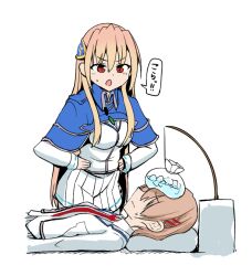  2girls blonde_hair blue_capelet brown_hair capelet commentary_request heaven_burns_red ice_pack kayamori_ruka kenpi_(hs-totyu) long_hair lying multiple_girls on_back pillow school_uniform shirakawa_yuina short_hair sick simple_background speech_bubble sweatdrop white_background 