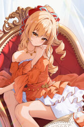  1girl absurdres bare_shoulders closed_mouth commentary_request detached_sleeves dress drill_hair feet_out_of_frame fingernails flower genshin_impact hair_between_eyes hair_flower hair_ornament highres long_hair long_sleeves looking_at_viewer nail_polish orange_dress orange_eyes orange_hair orange_nails sitting solo strapless strapless_dress taoxian_peachenvy yoimiya_(genshin_impact) 