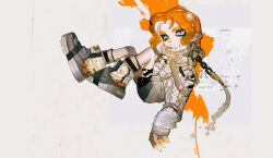  1boy bandaid bandaid_on_finger bandaid_on_hand chain closed_mouth colored_tears cross cross_earrings crying crying_with_eyes_open ear_chain ear_piercing earrings floating grey_background grey_shoes grey_socks hand_on_own_chest hand_up highres jewelry knees_up linked_piercing looking_at_viewer male_focus medium_hair multiple_rings nano_(c175311) o-ring octoling octoling_boy octoling_player_character orange_hair paint piercing pointy_ears ribbed_sweater ring shirt shoes shorts sneakers socks solo splatoon_(series) sweater tears tears_from_one_eye turtleneck turtleneck_sweater white_shirt 