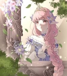  1girl absurdly_long_hair adjusting_hair beads bow braid brown_eyes center_frills choker clematis_(flower) commentary day dress eyelashes falling_leaves flower frilled_choker frilled_sleeves frills gold_tiara gown hair_beads hair_flower hair_ornament hair_over_shoulder hearts_tower's_guidelight_(shining_nikki) highres juliet_sleeves leaf light_particles long_hair long_sleeves looking_outside looking_to_the_side nikki_(nikki) nikki_(series) nonoberry22 off-shoulder_dress off_shoulder parted_lips pointy_ears pointy_nose puffy_long_sleeves puffy_sleeves purple_bow purple_choker purple_dress purple_flower shining_nikki single_braid sleeve_bow sleeves_past_wrists solo tiara tree upper_body very_long_hair white_sleeves window 