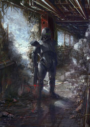  absurdres ambiguous_gender armor commentary debris english_commentary full_armor glowing_muzzle gun hammk helmet highres holding holding_gun holding_weapon indoors military original power_armor solo standing weapon 