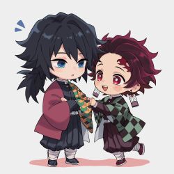  2boys absurdres black_hair black_jacket black_pants black_socks blue_eyes blush_stickers buttons checkered_haori chibi chibi_only commentary_request demon_slayer_uniform earrings full_body gold_buttons hair_between_eyes hanafuda_earrings haori high_collar highres jacket japanese_clothes jewelry kamado_tanjirou kikkoumon kimetsu_no_yaiba kqi621 long_hair low_ponytail male_focus multiple_boys musical_note open_mouth pants parted_lips pink_eyes ponytail print_haori red_hair red_haori sandals shadow short_hair simple_background smile socks spiky_hair standing standing_on_one_leg teeth tomioka_giyuu upper_teeth_only white_background 