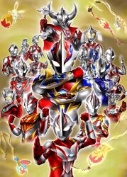  1girl 6+boys alien animal_charm arm_guards arm_up armor beard blue_gem blue_skin charm_(object) chest_guard clenched_hands color_timer colored_skin commentary compound_eyes crest cropped_torso dorsal_fin dumbbell everyone eye_slugger facial_hair fang father_of_ultra fighting_stance forehead_jewel form_change gem giant giant_male glint gloves glowing glowing_eyes gold_background gold_trim green_gem hands_up hanejidyna86 highres holding holding_dumbbell holding_weapon horns hunter_knight_tsurugi in-franchise_crossover jewelry kaette_kita_ultraman knight_brace large_pectorals looking_ahead looking_at_viewer looking_down looking_up mebius_brace mother_of_ultra multicolored_skin multiple_boys multiple_views muscular muscular_male necklace no_pupils outstretched_arm pectorals pendant pointy_ears rabbit_charm red_gloves red_skin short_twintails shoulder_armor silver_skin studs tokusatsu toned toned_male tooth_necklace twintails two-tone_skin ultra_bracelet ultra_series ultraman ultraman_(1st_series) ultraman_80 ultraman_80_(series) ultraman_ace ultraman_ace_(series) ultraman_hikari ultraman_jack ultraman_leo ultraman_leo_(series) ultraman_mebius ultraman_mebius_(mebius_brave) ultraman_mebius_(mebius_burning_brave) ultraman_mebius_(mebius_infinity) ultraman_mebius_(mebius_phoenix_brave) ultraman_mebius_(series) ultraman_tarou ultraman_tarou_(series) ultraseven ultraseven_(series) upper_body weapon white_eyes wrinkled_skin yellow_eyes zoffy_(ultra_series) 