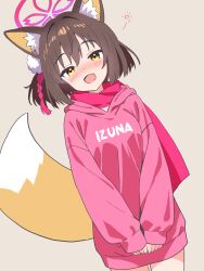  1girl absurdres animal_ear_fluff animal_ears blue_archive blush breasts brown_hair commentary_request fox_ears fox_girl fox_tail grey_background half-closed_eyes halo highres hood hood_down hoodie izuna_(blue_archive) long_sleeves looking_at_viewer medium_breasts no_pants ochazuke_(artist) pink_hoodie pink_scarf scarf short_hair simple_background squeans tail yellow_eyes 