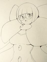  1girl absurdres b-kyuu_ocha blunt_bangs bob_cut bow breasts buttons commentary_request elbow_gloves glasses gloves highres large_bow low_neckline medium_breasts monochrome neck_pillow pokemon pokemon_black_and_white rimless_eyewear round_eyewear shauntal_(pokemon) short_hair sketch 
