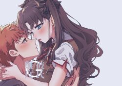  1boy 1girl a_sanagi_a absurdres black_ribbon blue_eyes blush brown_hair brown_vest commentary_request cross cross_print emiya_shirou eye_contact face-to-face fate/stay_night fate_(series) hair_ribbon hands_on_another's_neck highres homurabara_academy_school_uniform looking_at_another orange_hair print_ribbon ribbon school_uniform shirt short_sleeves simple_background tohsaka_rin two_side_up vest white_shirt yellow_eyes 