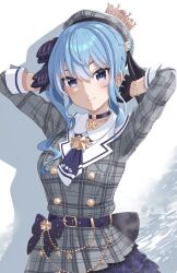  1girl absurdres arms_behind_head belt beret black_gloves blue_belt blue_choker blue_hair breasts choker commentary_request crown dress drop_shadow gloves grey_dress grey_hat hat highres hololive hoshimachi_suisei hoshimachi_suisei_(1st_costume) lingmu long_hair mini_crown partially_fingerless_gloves side_ponytail simple_background smile star_(symbol) star_in_eye symbol_in_eye virtual_youtuber white_background 