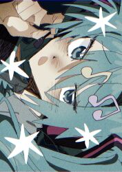  1girl aqua_eyes aqua_hair aqua_necktie commentary film_grain grey_shirt hatsune_miku headset highres kagikakko_(chiru_kou502265) looking_at_viewer musical_note necktie open_mouth shirt solo twintails untranslatable_commentary vocaloid 