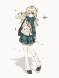  1girl alternate_uniform bag beret blazer blonde_hair brown_shoes buttons closed_mouth double-breasted ensemble_stars! full_body genderswap genderswap_(mtf) green_eyes green_scarf green_skirt hat highres itting_301 jacket layered_sleeves leg_warmers loafers long_hair long_sleeves looking_at_viewer plaid_clothes plaid_scarf plaid_skirt scarf school_bag school_uniform shading_eyes shadow shiratori_aira_(ensemble_stars!) shoes shoulder_bag simple_background skirt smile solo sparkle split_mouth standing standing_on_one_leg white_background white_hat white_leg_warmers yellow_jacket 