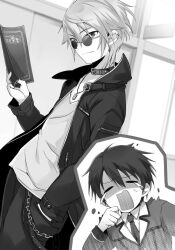  029 2boys andou_jurai belt_collar book closed_eyes closed_mouth collar crying greyscale hair_between_eyes hallway hand_in_pocket highres holding holding_book inou-battle_wa_nichijou-kei_no_naka_de jacket kiryu_hajime monochrome multiple_boys necktie non-web_source official_art open_clothes open_jacket open_mouth pants raised_inner_eyebrows school_uniform senkou_high_school_uniform shirt short_hair smile standing sunglasses t-shirt v-shaped_eyebrows 