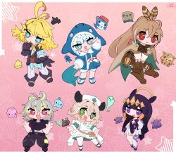  6+girls :3 :d ahoge animal_ears apron aqua_shirt artist_logo belt black_boots black_dress black_gloves black_hair black_jacket black_pants blonde_hair bloop_(gawr_gura) blue_eyes blue_hoodie blue_shirt blush_stickers boots brown_belt brown_boots brown_cape brown_dress brown_gloves brown_hair cape chibi chibi_only closed_mouth dokibird dokibird_(bounty_hunter) dragoon_(dokibird) dress english_commentary feathers fins fish_tail friend_(nanashi_mumei) full_body gawr_gura gawr_gura_(1st_costume) gloves green_dress green_eyes grey_hair halo hat highres hololive hololive_english hood hoodie hooman_(nanashi_mumei) indie_virtual_youtuber jacket logo long_hair medium_hair multiple_girls nanashi_mumei nanashi_mumei_(1st_costume) naplings_(nimi_nightmare) nimi_nightmare nimi_nightmare_(1st_costume) ninomae_ina'nis ninomae_ina'nis_(1st_costume) nurse_cap open_clothes open_jacket open_mouth pants pink_background red_eyes shark_tail shirt shoes smile star_(symbol) sunny_splosion tail takodachi_(ninomae_ina'nis) tentacle_hair troubleshooter_bun untucked_shirt very_long_hair violet_eyes virtual_youtuber white_apron white_hair white_pants white_shoes 