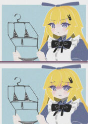  1girl absurdres alice_(black_souls) bikini black_bow black_bowtie black_souls blonde_hair blue_background blue_dress blue_eyes blue_ribbon bow bowtie chinese_commentary commentary_request disgust dress hair_ornament hair_ribbon highres long_hair looking_at_viewer meme micro_bikini miku_holding_a_bikini_(meme) multiple_views puffy_short_sleeves puffy_sleeves rabbit_hair_ornament ribbon shaded_face short_sleeves simple_background sister_alice_(black_souls) suliao_qishi swimsuit unworn_bikini very_long_hair 
