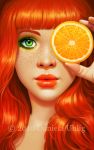  1girl bangs blunt_bangs covering_eyes daniela_uhlig food freckles fruit green_eyes lips lipstick long_hair looking_at_viewer makeup orange orange_(color) orange_hair portrait watermark 