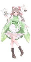  1girl :d absurdres animal_ears apron blunt_ends boots bow braid braided_hair_rings breasts brown_boots brown_eyes brown_hair commentary_request cup droopy_ears egasumi flower frilled_apron frilled_bow frilled_kimono frills full_body green_bow green_kimono green_sash hair_bow hair_flower hair_ornament hair_rings hand_up highres holding holding_plate japanese_clothes kimono kimono_dress knees_together_feet_apart kojitsunagi_(pattern) konkave_linse lace-up_boots long_hair long_sleeves looking_at_viewer maid maid_headdress medium_breasts mitsuki_yukino mole mole_under_eye monocle obi open_mouth petticoat plate print_kimono rabbit rabbit_ears red_bow red_flower red_rose rose sash short_kimono side_braid sidelocks simple_background smile solo standing standing_on_one_leg teacup teapot transparent_background v-iii virtual_youtuber wa_maid waist_apron waist_bow white_apron wide_sleeves yagasuri 