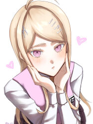  1girl absurdres ahoge akamatsu_kaede ao_no_tori_(aonotori) blonde_hair blurry blush collared_shirt commentary danganronpa_(series) danganronpa_v3:_killing_harmony depth_of_field from_above hair_intakes hair_ornament hands_on_own_cheeks hands_on_own_face hands_up heart highres long_hair long_sleeves looking_at_viewer musical_note musical_note_hair_ornament pale_skin pink_eyes pink_sweater_vest pout shirt sweater_vest untranslatable_commentary white_background 