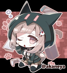 1girl ;o akaneya animal_ear_hood animal_ears between_legs black_thighhighs blunt_bangs blush_stickers breasts brown_eyes brown_hair brown_skirt cat_ears chibi chibi_only commentary_request commission danganronpa_(series) danganronpa_2:_goodbye_despair eyelashes fake_animal_ears full_body green_jacket hand_between_legs hand_up hood hood_up hooded_jacket jacket large_breasts looking_at_viewer lowres medium_hair miniskirt nanami_chiaki one_eye_closed open_clothes open_jacket open_mouth outline pink_background pleated_skirt shirt simple_background sitting skeb_commission skirt sleepy sleeves_past_wrists solo squeans thigh-highs twitter_username wariza white_outline white_shirt zettai_ryouiki 