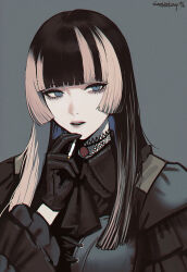  1girl black_choker black_gloves black_hair blue_eyes blunt_bangs brooch choker cigarette commentary dress frilled_dress frills gloves gothic_lolita green_dress grey_background grey_hair highres hime_cut holding holding_cigarette hololive hololive_dev_is jewelry juufuutei_raden juufuutei_raden_(1st_costume) lace lace_choker lolita_fashion long_hair long_sleeves looking_at_viewer multicolored_hair open_mouth simple_background solo straight_hair tomatoketchup96 two-tone_hair upper_body virtual_youtuber 