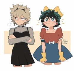  2girls animal_ears bakugou_katsuki black_dress black_nails blue_skirt boku_no_hero_academia bow brown_background collarbone cropped_legs dress earrings fake_animal_ears fingerless_gloves freckles genderswap genderswap_(mtf) gloves green_hair hair_bow jewelry long_sleeves midoriya_izuku multiple_girls nail_polish red_shirt shirt shirt_tucked_in short_dress short_hair skirt skyribbonsteph striped_clothes striped_shirt white_background yellow_bow yellow_gloves 