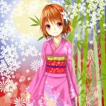 bamboo brown_hair floral_background hair_ornament japanese_clothes kimono original red_eyes setona_(daice) short_hair 