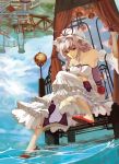  aneater bare_shoulders blonde_hair curtain_grab curtains dress eyes hat high_heels highres lips long_hair purple_eyes shoes sitting solo torii touhou town upside-down violet_eyes water yakumo_yukari 