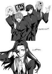  1girl 4boys commentary_request cross cross_necklace eyepatch facial_mark fate/strange_fake fate_(series) forehead_mark genderswap genderswap_(ftm) genderswap_(mtf) greyscale hansa_cervantes highres iz_(izit_unk) jacket jewelry katya_kambanellis latin_cross long_hair maysia_kwo mole mole_under_eye monochrome multiple_boys necklace priest shanti_mukherjee short_hair simple_background viola_wahlstrom white_background 