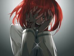  1girl breasts chaldea_master_uniform closed_eyes command_spell commentary_request crying fate/grand_order fate_(series) fujimaru_ritsuka_(female) hair_between_eyes hands_on_own_face jacket jingle_i long_sleeves one_side_up open_mouth orange_hair short_hair side_ponytail simple_background teardrop tears teeth upper_body 