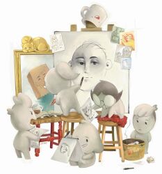  1other 2boys 2girls bag beard bobby_hill_(drawfee) book canvas_(object) chibi chibi_only coffee_mug colored_skin cup david_clarke drawfee drawing_(action) drawing_(object) dual_persona facial_hair fine_art_parody glasses holding holding_sketchbook jacob_andrews julia_lepetit_(person) karina_farek karina_farek_(person) mug multiple_boys multiple_girls nathan_yaffe official_art on_stool open_mouth paper paper_bag parody sitting sketchbook spheal_(drawfee) standing sticky_note stool stylus todd_(from_mario) toon_(style) trash_can triple_self-portrait_(norman_rockwell) undercut white_hair white_skin 