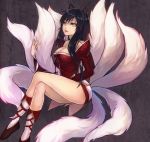  ahri animal_ears black_hair breasts cleavage crossed_legs facial_mark fox_ears fox_tail large_breasts league_of_legends legs_crossed lips long_hair looking_at_viewer multiple_tails open_mouth sitting solo soul4444 tail yellow_eyes 