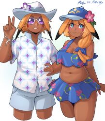  1boy 1girl :3 absurdres animal_ears blonde_hair blue_eyes breasts circle_facial_mark commentary_request crop_top cropped_legs dark-skinned_female dark-skinned_male dark_skin facial_mark floral_print_shirt flower hair_over_shoulder hat hat_flower hawaiian_shirt highres large_breasts mielthemouse mr._windychu ms._wavychu personification pikachu pikachu_ears pokemon pokemon_winds_and_waves shirt shorts sunglasses thighs v 