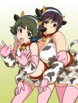  1girl akizuki_ryou animal_ears bad_id bell bell_collar breasts brown_eyes brown_hair collar cow_bell cow_ears cow_horns cow_print crossdressinging elbow_gloves gloves headset hody0908 horns idolmaster idolmaster_cinderella_girls idolmaster_dearly_stars large_breasts oikawa_shizuku open_mouth pink_legwear short_hair smile thigh-highs thighhighs trap 