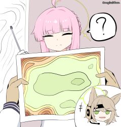  2girls ? ahoge animal_ears blue_archive brown_gloves brown_hair closed_eyes flat_chest_joke fox_ears gloves green_eyes green_halo halo headset highres holding holding_map indoors kaya_(blue_archive) long_hair map map_(object) multiple_girls open_mouth otogi_(blue_archive) pink_hair pointer sidelocks smile spoken_question_mark threeboon twitter_username upper_body yellow_halo 