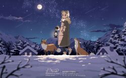  1girl animal arisa_(aren) bare_tree black_gloves black_leggings blonde_hair blue_eyes blurry blurry_foreground boots branch brown_coat brown_hat building chimney closed_mouth clouds coat commentary_request fox from_side full_body full_moon fur-trimmed_boots fur-trimmed_coat fur-trimmed_headwear fur_trim gloves gradient_sky hand_in_pocket hat highres hill holding holding_lantern hood hooded_coat howling lantern leggings long_hair long_sleeves looking_afar looking_to_the_side looking_up milky_way moon mountainous_horizon night original outdoors parka parted_bangs pine_tree rural shooting_star sidelocks sky smile snow snow_on_tree solo star_(sky) starry_sky tree twitter_username walking watermark white_boots window winter_clothes winter_coat 