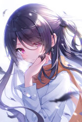  1girl adjusting_hair azusa_(980650076) black_hair blurry blurry_foreground breath chinese_commentary coat commentary_request cross cross_earrings earrings eyes_visible_through_hair feathers from_behind highres jewelry long_hair long_sleeves looking_at_viewer orange_scarf original parted_lips scarf simple_background solo violet_eyes white_coat 
