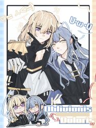  2girls anger_vein bang_dream! bang_dream!_it's_mygo!!!!! black_gloves black_necktie black_ribbon blonde_hair blue_hair commentary drawn_ears drawn_whiskers epaulettes gloves hand_on_another's_chin highres long_hair long_sleeves medium_hair misumi_uika multiple_girls natsuki_ouo necktie ribbon sidelocks togawa_sakiko untranslatable_commentary yellow_eyes yuri 