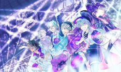 1girl 5boys blue_hair boots bow-shaped_hair choco_banana_cookie coconut_cream_cookie coffee_berry_cookie cookie_run cookie_run:_ovenbreak eyeliner glitter glitter_in_hair headset holding holding_microphone holding_microphone_stand jacket long_hair makeup microphone multicolored_hair pants pink_hair popping_candy_cookie shining_glitter_cookie short_hair shorts smile spearmint_cookie white_pants