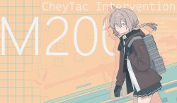  1girl absurdres ahoge black_necktie brown_jacket girls_frontline grey_hair hair_between_eyes highres jacket low_ponytail m200_(girls'_frontline) myticalcat necktie ponytail shirt violet_eyes white_shirt 